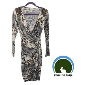 Y2K Cache Multi Animal Print Draped Long Sleeve Pencil Dress Small vintage K1